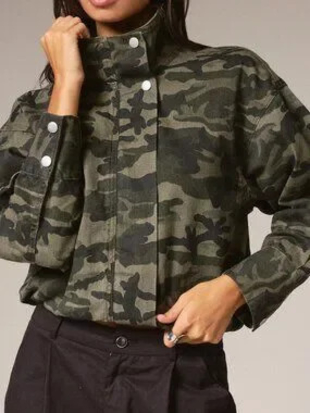 Army Green Casual Women's Camo Loose Stand Up Collar Long Sleeved Jacket